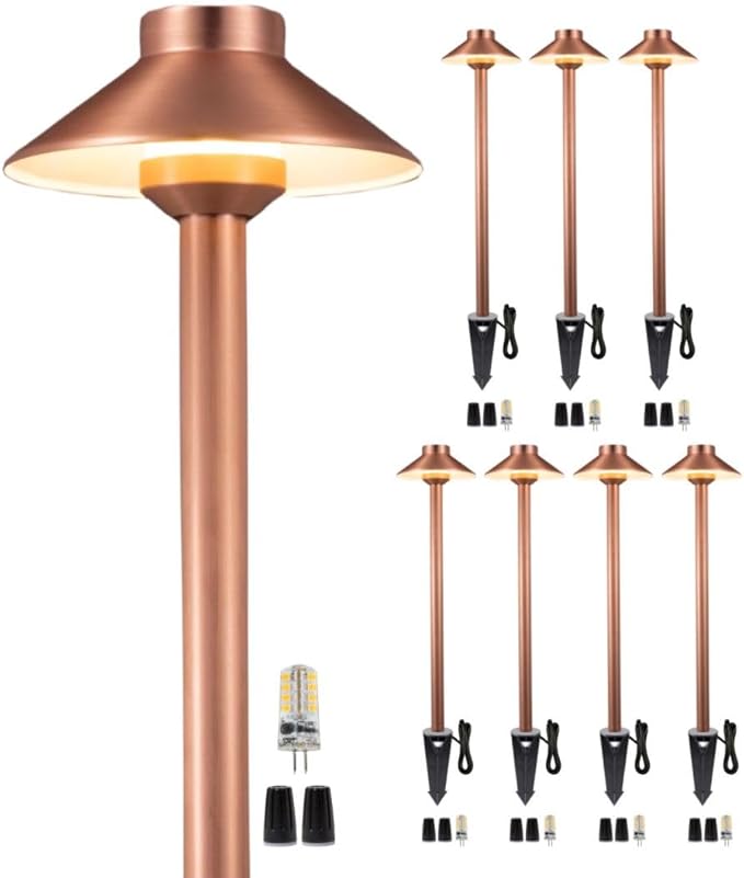 Brass Landscape Lights Pathway Light(Hat), 12V Low Voltage Copper Sideway Lamp Outdoor Waterproof LED for Patio Walkway Driveway Garden Yard with 3W 2700K G4 Bulb(8 Pack)