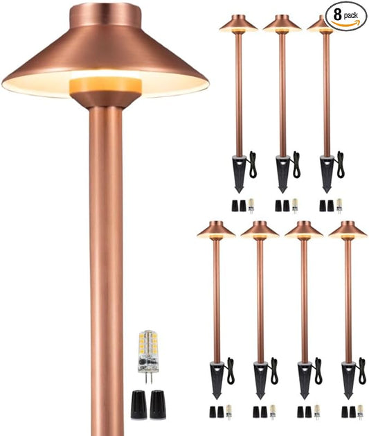 Brass Low Voltage Copper Garden Lights, Outdoor Pathway Light, 12V LED AC/DC Bronze Hat Top Path Lamp for Sideway House Walkway with 3W 270LM 4000K G4 Bulb 8 Pack