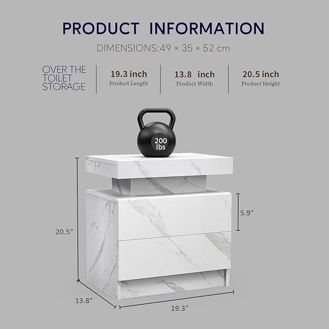 LED Nightstands, Modern End Side Table with 2 Drawers, LED Bedroom Furniture for Bedroom and Living Room, White Marble Pattern