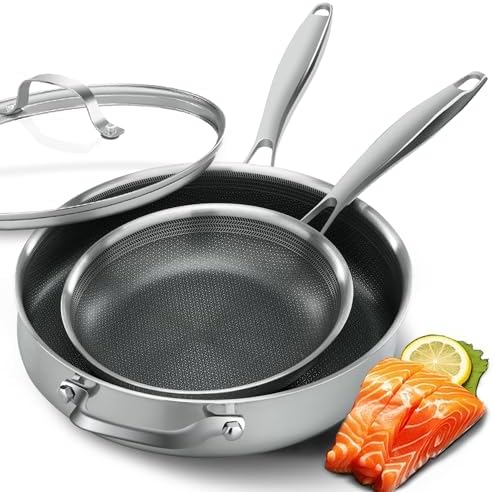 Non Stick Frying Pans,Hybrid Frying Pan with Lid,Non Toxic Frying Pans Nonstick,Stainless Steel Skillet,Dishwasher and Oven-Safe,Compatible with All Cooktops, 2-Piece Set (7.8+11in)