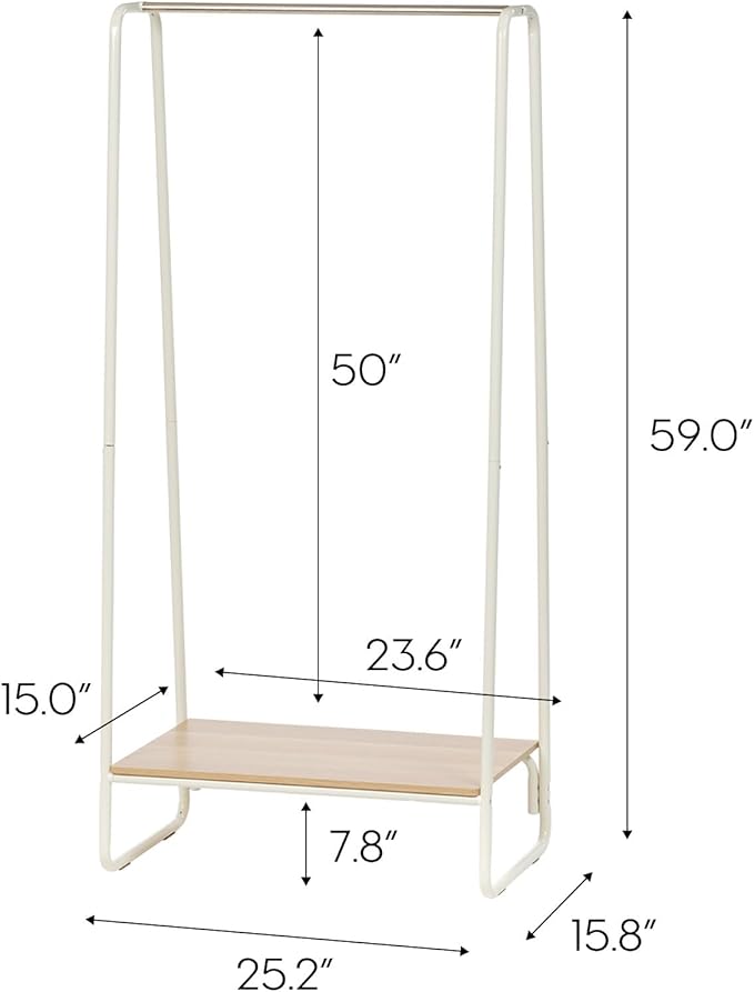 IRIS USA Clothes Rack for Hanging Clothes with Bottom Wood Shelf, Freestanding Clothing Rack, Easy to Assemble Garment Rack, Metal, Sturdy Design, Multipurpose, Small Space Storage Solution, White