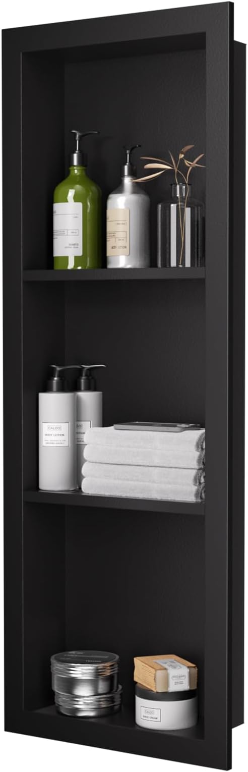Stainless Steel Shower Niche 12" X 36"，3-Tier Recessed Wall Niche No Tile Needed Shower Shelf for Bathroom Storage (Black, 12 x 36)