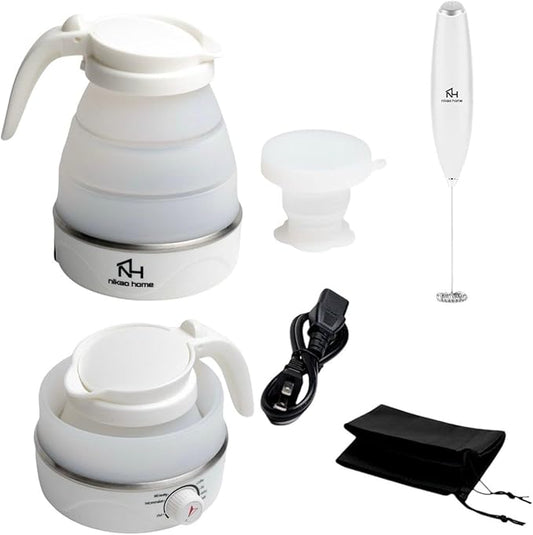 Nikao Home Foldable Electric Kettle Plus Milk Frother and Foldable Cup –Travel Kettle, Portable Tea Kettle for Travel, Mini Collapsible Water Warmer, Compact Design for Easy Storage and Quick Heating.