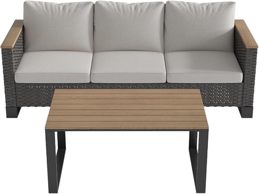 Ypati 2-Piece Handwoven Rattan Patio Modern Style Conversation Set, Aluminum Frame and Wooden-Style Armrest for Porch, Balcony, Garden, 3-seats Sofa with Conversation Table, Black & Light Gray