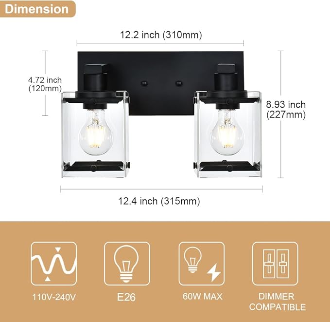 Black 2-Light Wall Sconce Bathroom Light Fixture, Rectangular Clear Glass Vanity Lighting Over Mirror, E26 Bulb Base