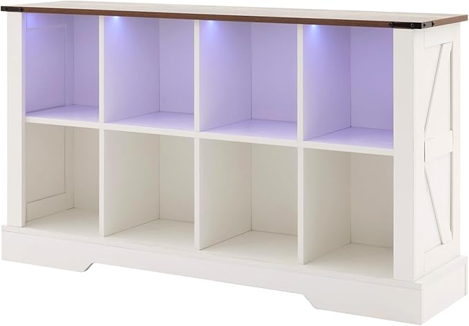 8 Cube Storage Organizer, 2 Tier Bookshelf for Living Room, Farmhouse Bookcase with Led, Kids Toy Storage Cabinet, Wall Cubby Shelves for Home Decor, Wood Display Cabinet for Bedroom, White