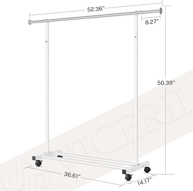 Clothes Rack, 130LB Capacity Heavy Duty Clothing Rack with Wheels and Bottom Shelf, 52.17 Inch Rolling Racks for Hanging Clothes, Coats, Shirts, Sweaters, Skirts, Dress, White