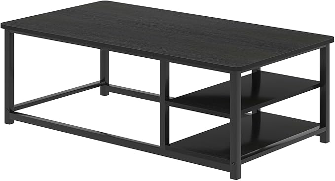 EXCEFUR Black Coffee Table, Rustic Wood Living Room Table with Storage Shelf, Modern Rectangle Center Table, 47 Inch