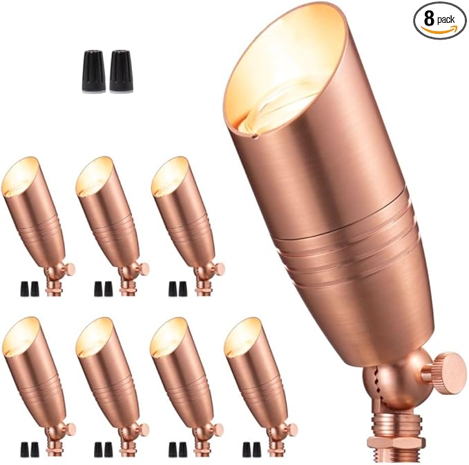 Spot Light Brass - Outdoor Landscape Spotlights LED, 12V Low Voltage Landscaping Uplights Bright, Hard-Wired All Weather Copper for Backyard Lawn with No Bulbs (8 Pack)