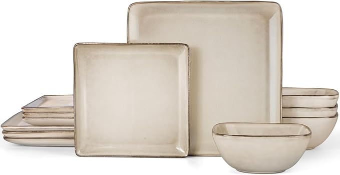 Herogo Stoneware Plates and Bowls Sets for 4, 12 Pieces Modern Square Dinnerware, Reactive Glaze Dishes Set for Kitchen, Chip Resistant, Microwave & Dishwasher Safe, Cream Khaki