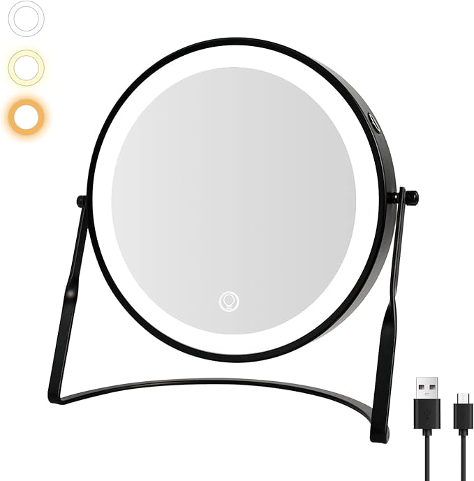 DOWRY 8.5'' Lighted Makeup Vanity Mirror with Magnification, Rechargeable 1x 10x Magnifying Mirror with 3 Color Light Brightness Adjustable, 360°Rotation Double Side Desk Cosmetic Mirror…