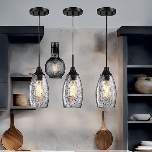 Mini Glass Pendant Light,4.72" Black Glass Hanging Light 3-Pack Handblown Clear Black Seeded Shade Adjustable Cord Ceiling Light Fixture for Kitchen Island Sink