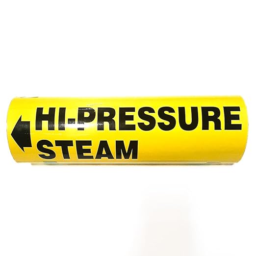 Industrial Pipe Marker Labels, Yellow with Black Text, Directional Arrows HI Pressure STEAM + Arrow