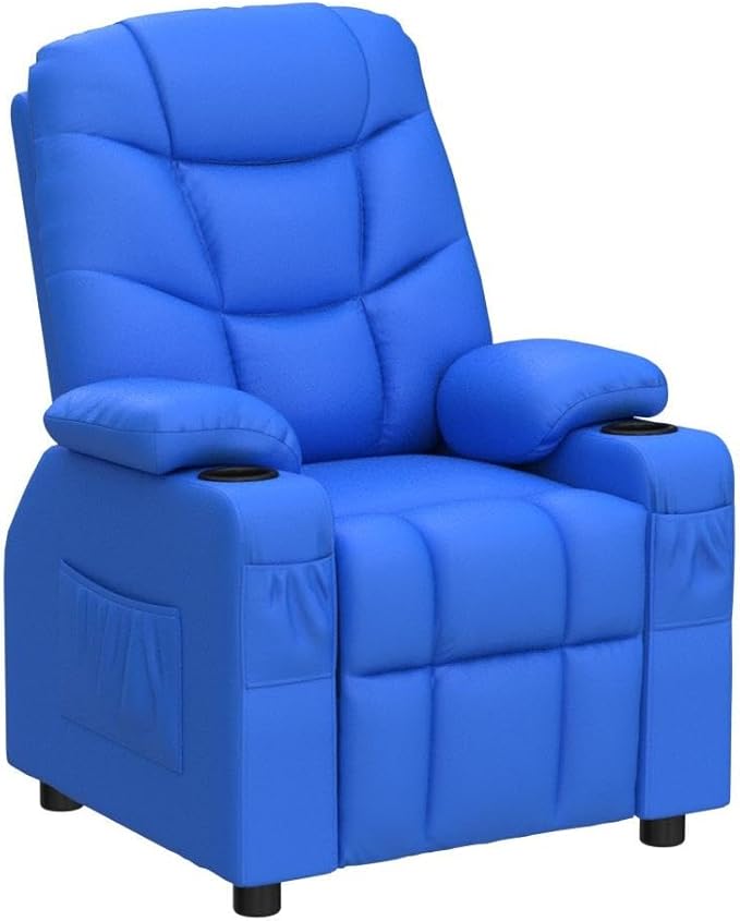 Costzon Kids Recliner Chair with Cup Holder, Adjustable Leather Lounge Chair w/Footrest & Side Pockets for Children Boys Girls Room, Ergonomic Toddler Furniture Sofa, Kids Recliner (Blue)