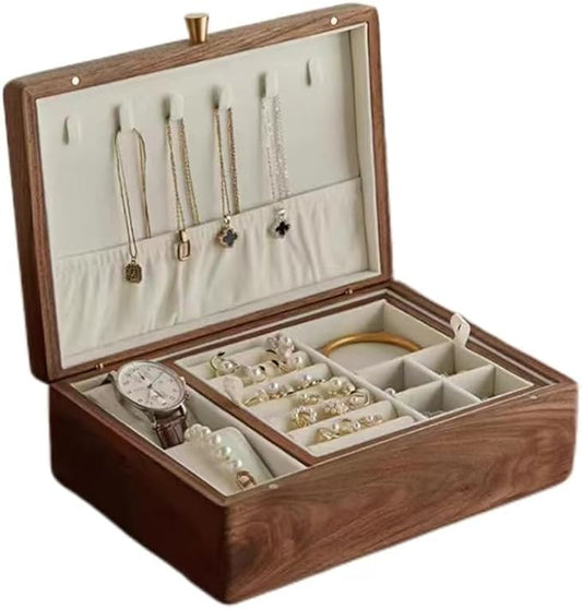 Bescott 2 Layer Solid Black Walnut Wooden Jewelry Box for Women Wood Vintage Organizer for Men Earrings Rings Necklaces Bracelet Watch Storage Mother's Day Gift