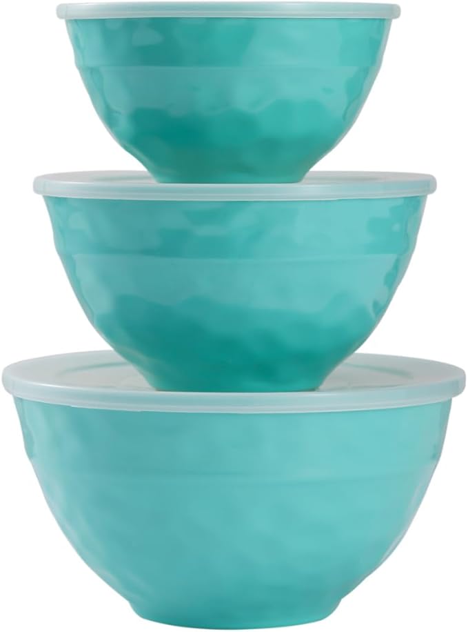 TP Mixing Bowl Set with Lids, 6-Piece Melamine Nesting Bowls Set for Pasta Baking Salad Mixing, Set of 3, Glossy Turquoise