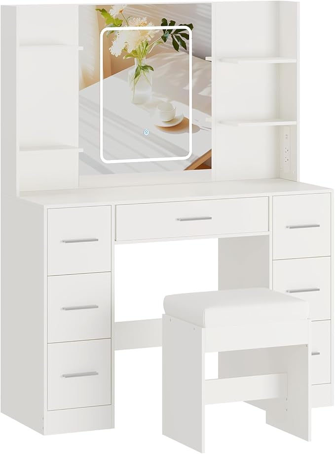 Hetoy Vanity Desk with Mirror and Lights - Makeup Vanity Desk with Chair - Dressing Table with 7 Drawers and Hair Dryer Rack for Bedroom