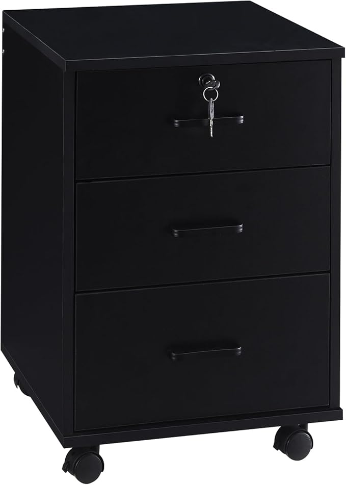 TUKAILAi Mobile File Cabinet with 3 Drawers, Lockable Storage Unit Wooden Rolling Office Filing Cabinet with Wheels, for Legal/Letter/A4 Sized Documents Home Office (Black 1PCS)