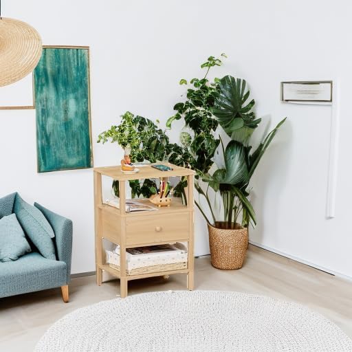 Lerliuo Nightstand with Charging Station and USB Ports, 3-Tier Storage End Table with Drawer Shelf, Night Stand for Small Spaces, Wood Bedside Table for Living Room, Bedroom - Natural Wood