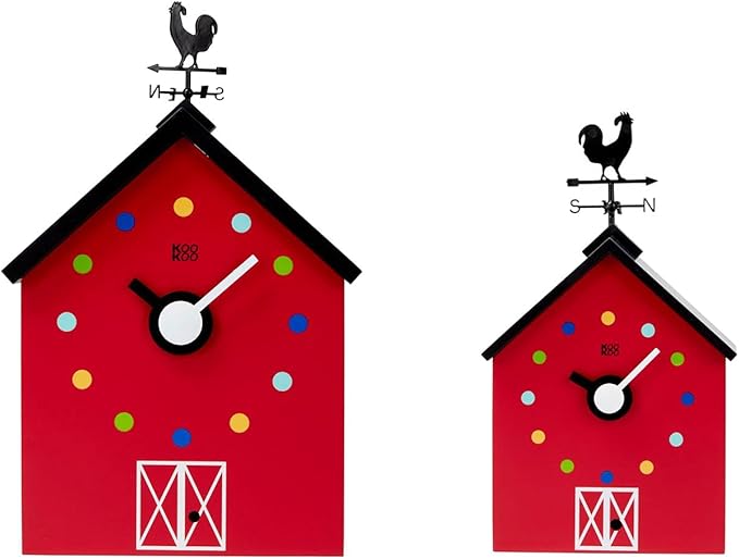KOOKOO Red Barn Small, Farmhouse Clock with 12 Animal Sounds, a Rooster and a Rotating weathervane