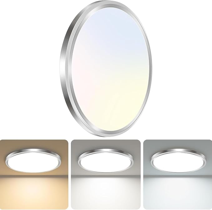 zemty LED Ceiling Light Fixture, 6.5-Inch 12W 1200lm Small Flush Mount Light, Adjustable 3000K 4000K 6500K Color Temperatures, Round Flat Recessed Lighting for Kitchen Closet Hallway Laundry, Nickel