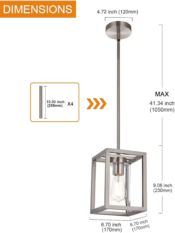 VINLUZ One Light Chandeliers Fixture Brushed Nickel Modern Pendant Kitchen Lighting with Clear Glass Shade Dining Room Lighting Fixtures Hanging Contemporary Lamp Semi Flush Mount Ceiling Lights