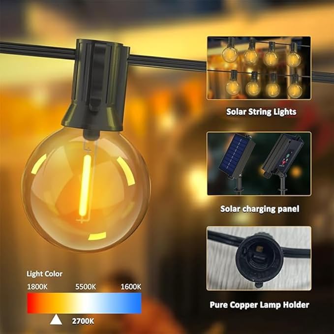 G40 Solar String Lights Outdoor with Remote 100 FT, USB & Solar Dual Charging, Waterproof, 8 Modes 3 Timers, 34+3 LED Shatterproof Bulbs, Dimmable Solar Light for Camping Backyard Bistro Porch Garden
