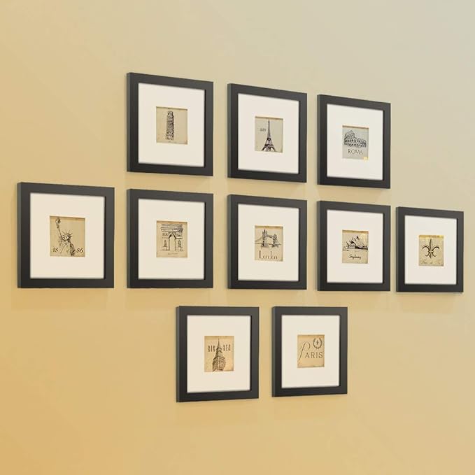 RPJC 8x8 Soild Wood Picture Frame with High Definition Glass Display Pictures 4x4 with Mat or 8x8 Without Mat for Wall Mounting Hanging Photo Frame Black