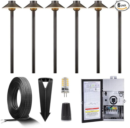 Brass Low Voltage Landscape Path Lights(6 Pack) Kit 12V LED with Low Voltage Transformer 150W and Mechanical Timer and 100FT Wire and 30Pack Connectors for Outdoor Yard Patio Driveway