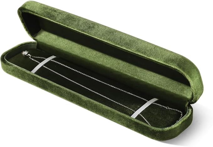 Resilient Velvet Ring Earrings Bracelet Necklace Display Box, Travel Mini Jewelry Organizer Case (Green, Long Chain Box)