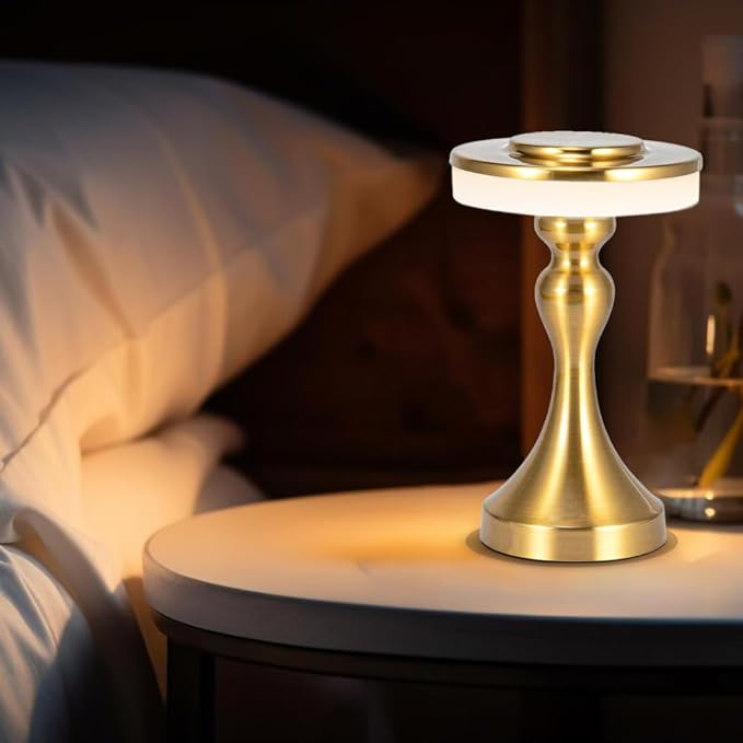 Portable Metal LED Table Lamp,3 Color Touch Sensor Control Rechargeable Desk Lamp,3-Levels Brightness Bedside Lamp,Night Light for Kids Nursery,Dining Room Lamp (Light Gold)