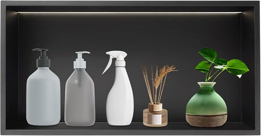 Shower Niche Cabinet, LED Light Shower Ni-Che, 13 x 25 x 4 inch Recessed Wall Niche with LED Strip, No Tile Need Shower Shelf for Bathroom Recessed Wall Shelf Horizontal Ni-Che, Black