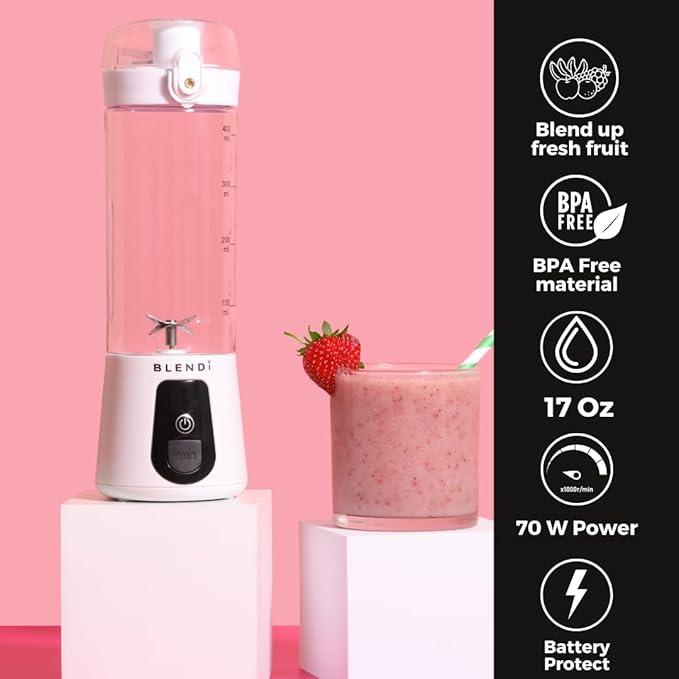 BLENDi Lite Portable Blender (17oz) – USB Rechargeable, Powerful 70W Motor for Smoothies, Protein Shakes & More – Compact, Travel-Friendly & BPA-Free (White)