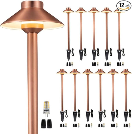 Waterproof Low Voltage Walkway Lights, Brass Copper Outdoor Pathway Light, IP65 LED Bronze Hat Top Sideway Lamp for Driveway Backyard Patio with 3W 270LM 4000K G4 Bulb 12 Pack