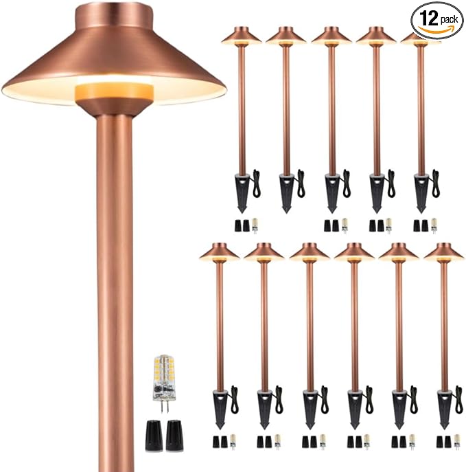 Waterproof Low Voltage Walkway Lights, Brass Copper Outdoor Pathway Light, IP65 LED Bronze Hat Top Sideway Lamp for Driveway Backyard Patio with 3W 270LM 5000K G4 Bulb 12 Pack