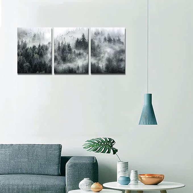 MHARTK66 Canvas Wall Art for Living Room - Modern Decorations for Bedroom, Foggy Forest Trees Landscape Painting - Office Decor Ready to Hang, Framed Pictures, 12x16 3 Panels