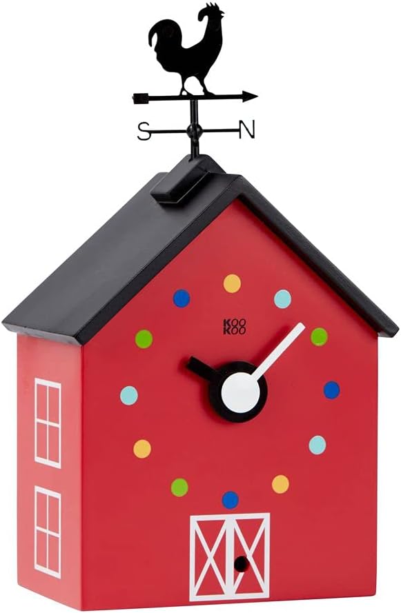 KOOKOO Red Barn Small, Farmhouse Clock with 12 Animal Sounds, a Rooster and a Rotating weathervane