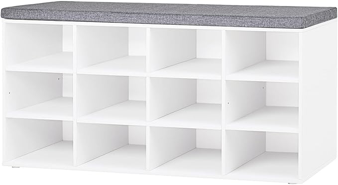 DINZI LVJ Shoe Storage Bench with Cushion, Cubby Shoe Rack with 12 Cubbies, Adjustable Shelves, Multifunctional Shoe Organizer Bench for Entryway, Mudroom, Hallway, Closet and Garage, White