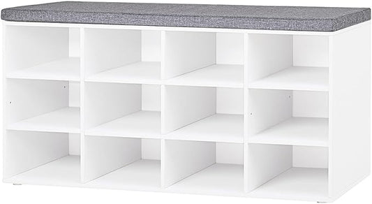 DINZI LVJ Shoe Storage Bench with Cushion, Cubby Shoe Rack with 12 Cubbies, Adjustable Shelves, Multifunctional Shoe Organizer Bench for Entryway, Mudroom, Hallway, Closet and Garage, White