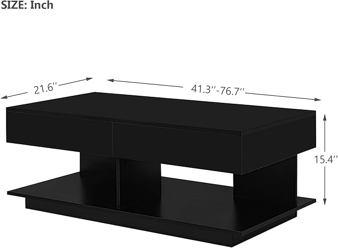 Modern High Gloss LED Coffee Table Center Table with Hidden Storage Space, Extending Top & LED Light for Living Room, Black