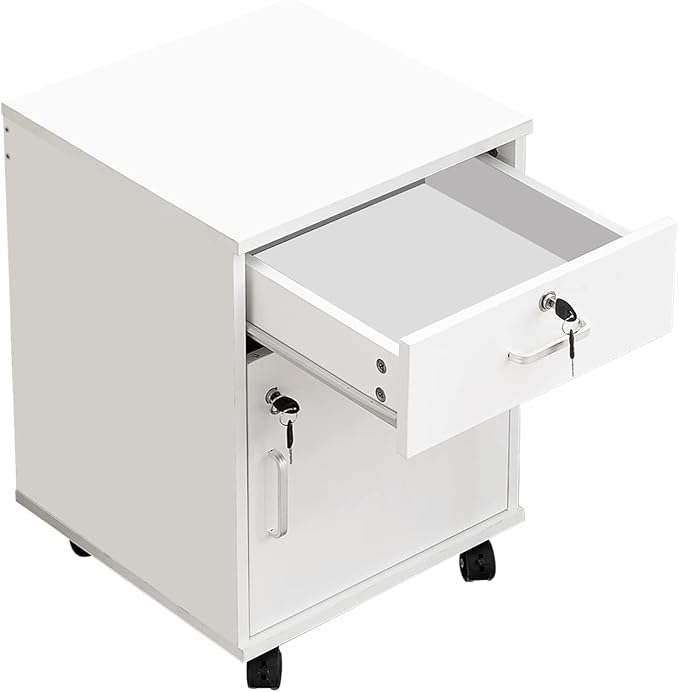 Mobile File Cabinet with Lockable Drawer & Door, Under Desk Storage Cabinet with 360°Swivel Wheels, Wooden Stationery Storage Cabinet for Legal/Letter/ A4 Documents (White)