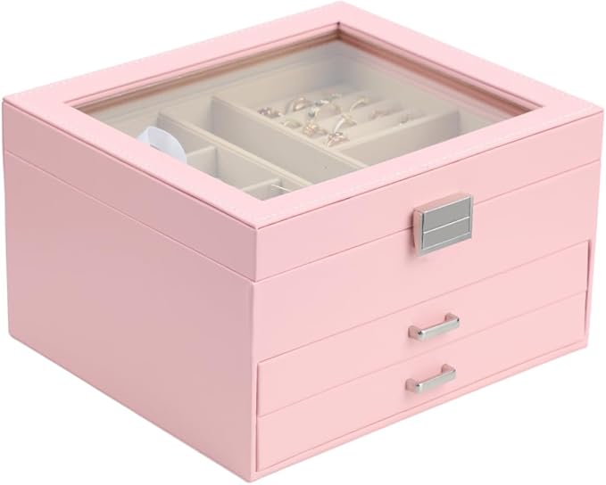 BOOVO Clear Lid Jewelry Box,3 Layers Jewelry Organizer Large Multi-Functional Jewelry Storage Box with 2 Drawers,Jewelry Display Case of Rings Earrings Necklace Bracelets for Women Girls (Pink)