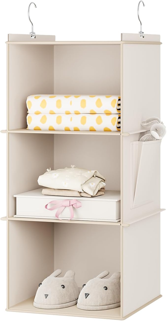 Hanging Closet Organizer, 3-Shelf Closet Hanging Storage Shelves, Beige