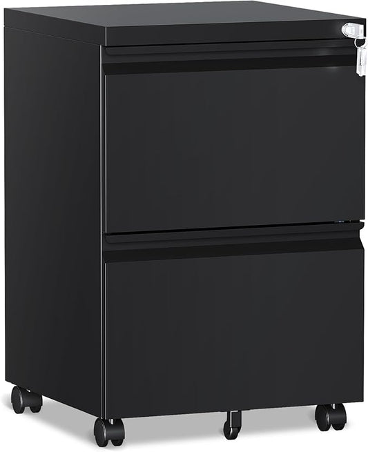2 Drawer File Cabinet，Mobile Filing Cabinet with Lock and Wheels，Fully Assembled Metal Under Desk File Cabinets for A4/Letter/Legal Size（Black