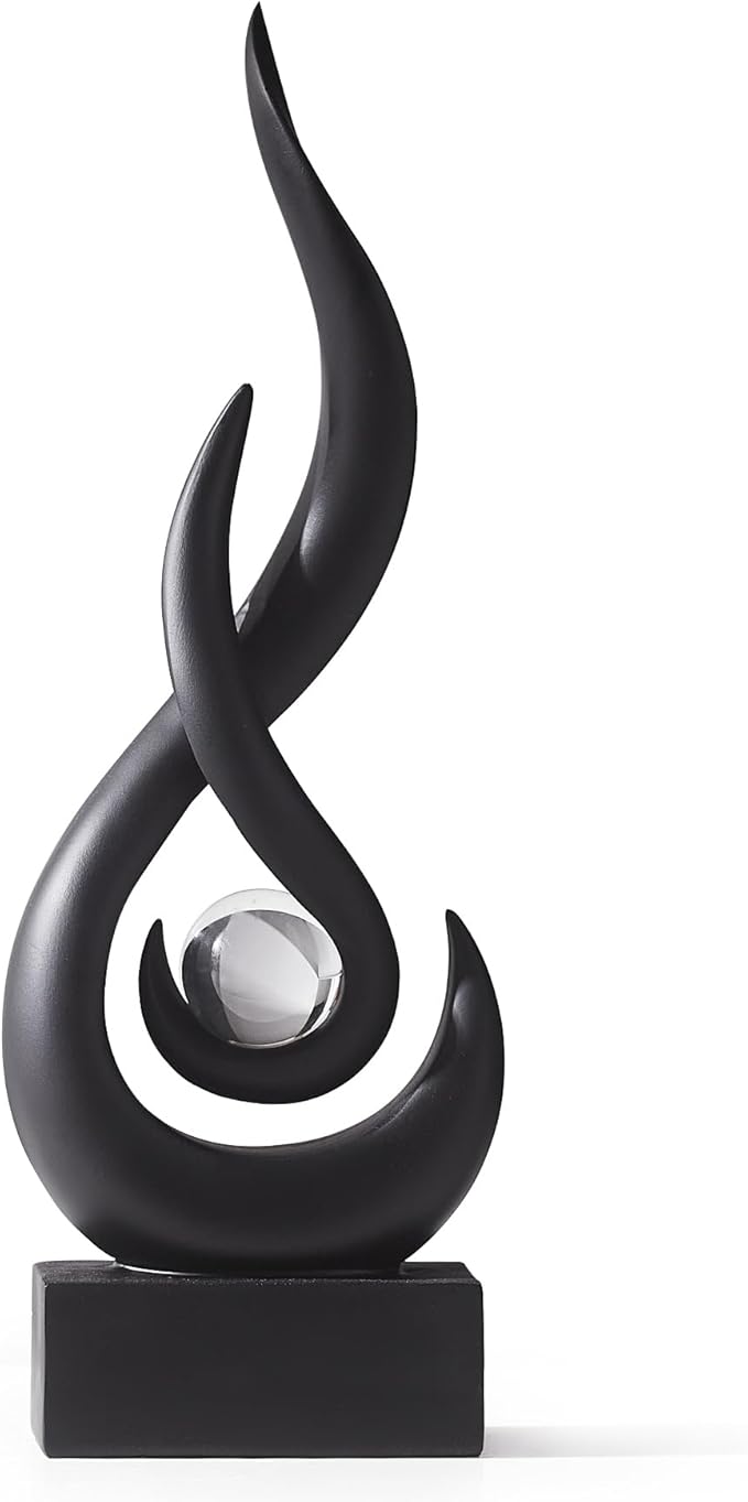 AWNR Modern Black Sculpture Decor: Flame Statue with Glass Ball Resin Abstract Art Figurines Unique Centerpiece for Living Room TV Stand Coffee Table Office Decor