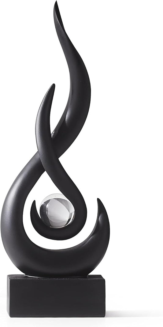 AWNR Modern Black Sculpture Decor: Flame Statue with Glass Ball Resin Abstract Art Figurines Unique Centerpiece for Living Room TV Stand Coffee Table Office Decor