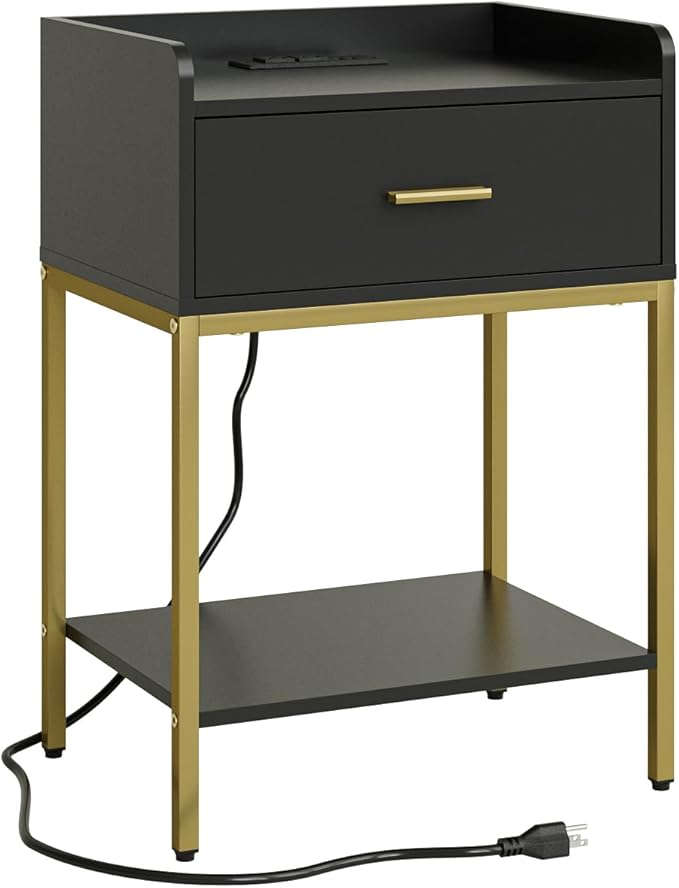 Masupu Nightstand with Charging Station,3-Tier Modern Bedside Night Stand with Storage Drawer and Shelf,Small End Side Table for Bedroom,Living Room,Gold and Black