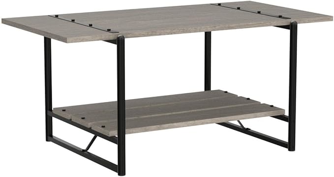 2-Tier Farmhouse 41'' Large Gray Wood Coffee Table with Storage Shelf -Modern Rustic Metal Rectangle Center Living Room Coffee Table Accent Furniture for Home Office,Easy Assembly(Grey)