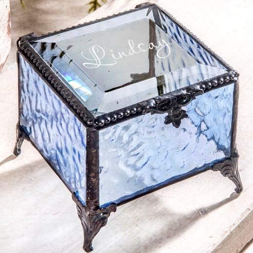Personalized Blue Glass Box Decorative Vanity Display Case Storage Jewelry Organizer Keepsake Gift for Her Girl Women Vintage Decor J Devlin Ellen Box 837 EB245