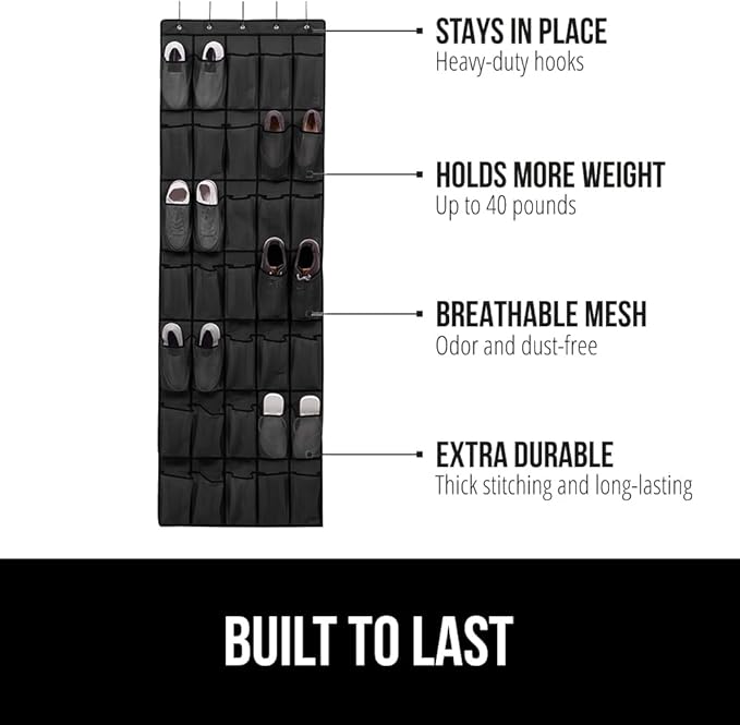 GORILLA GRIP Over the Door Shoe Organizer, 35 Large Breathable Mesh Pockets, Space Saving Hanging Storage Holder, 5 Hook Closet Rack Hanger, Hangs on Closets for Shoes, Accessories 68.5H x 24.5W Black